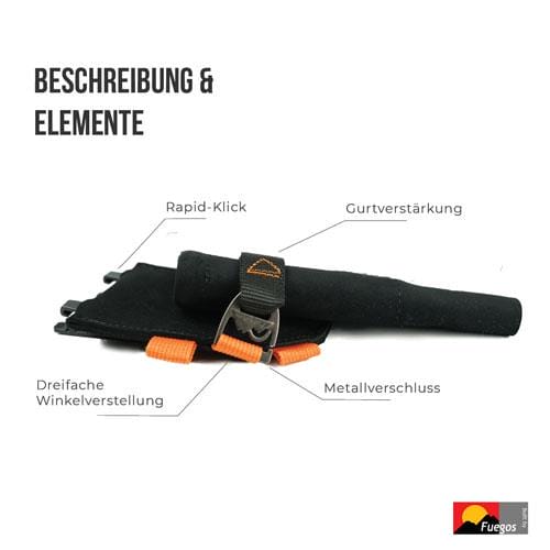 Messkluppenhalterung mit Rapid-Klick, Gurtverstärkung, Metallverschluss und dreifacher Winkelverstellung.