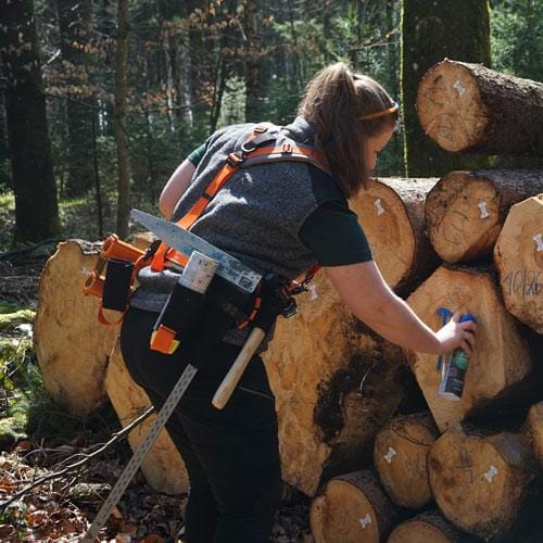 Försterin verwendet den Sprühdosenhalter SDH001 an ihrem Forstgürtel, um Baumstämme im Wald zu markieren.