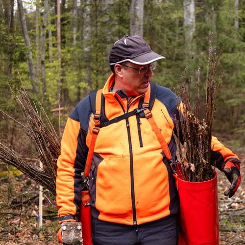 Forstwirt trägt zwei rote Pflanztaschen Baukasten, gefüllt mit Setzlingen, jede Tasche hat eine Tragfähigkeit von 20 kg.
